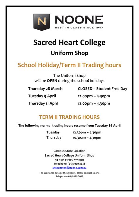 Uniform Shop Holiday Hours - SHC Kyneton