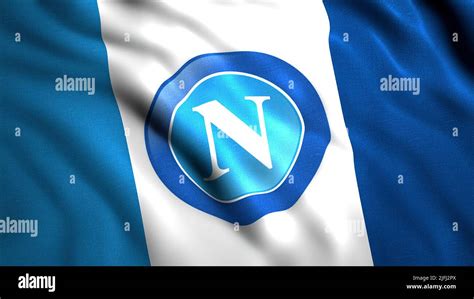 Flying flag with Napoli football team logo, close up. Motion. Abstract ...