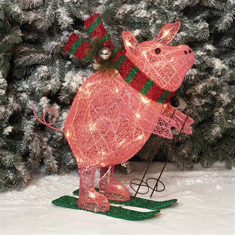 Holiday Time Christmas Decor 22" Glittering Mesh Skiing Pig Sculpture ...