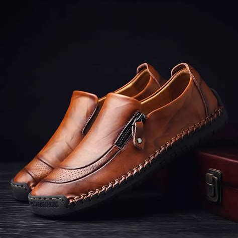 Mens Handmade Side Zipper Casual Comfy Leather Slip On Loafers