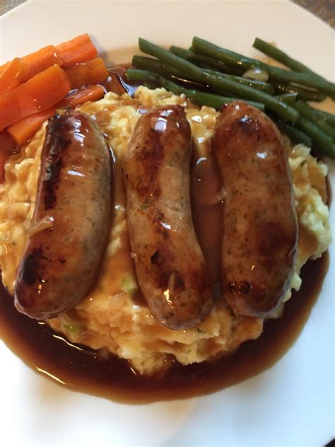 Bangers and herb mash with onion gravy : r/UK_Food