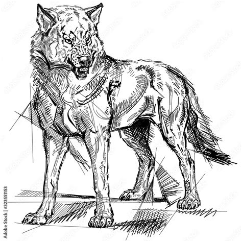 Angry grey wolf. Standing pose. Tattoo. Black and white vector ...