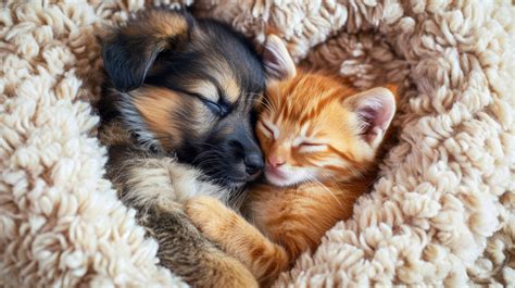 kitten and puppy sleeping together, cute animal friendships, adorable pets cuddling, kitten and ...