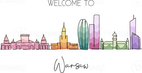 Free One single line drawing of Warsaw city skyline, Poland. Historical skyscraper landscape in ...