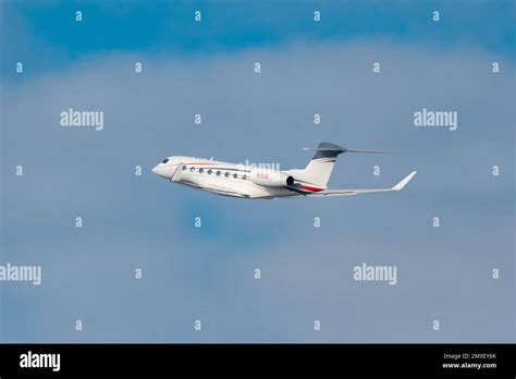 Zurich, Switzerland, January 20, 2023 Gulfstream G650-ER business aircraft takeoff from runway ...