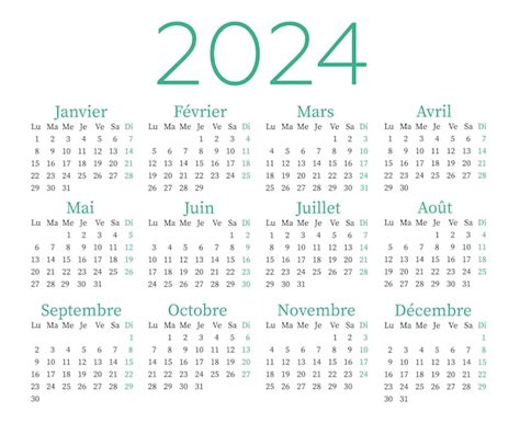 Calendrier en français pour 2024 La semaine commence le lundi | Vecteur ...