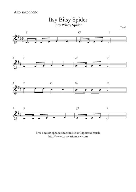 Easy Sheet Music For Beginners: Free easy alto saxophone sheet music, Itsy Bitsy Spider (Incy ...