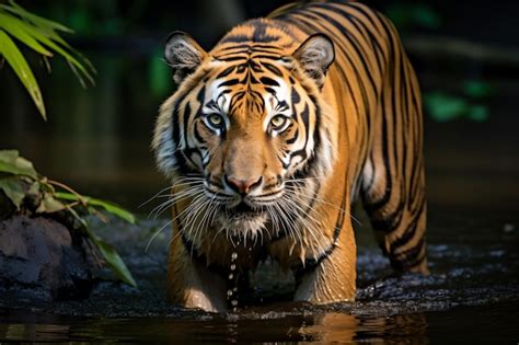 Premium AI Image | a tiger walking through a body of water