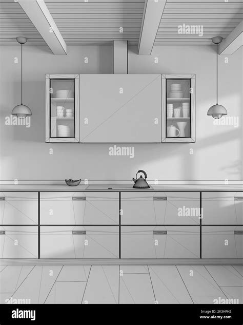 Blueprint unfinished project draft, minimalist wooden kitchen in white and dark tones. Close up ...