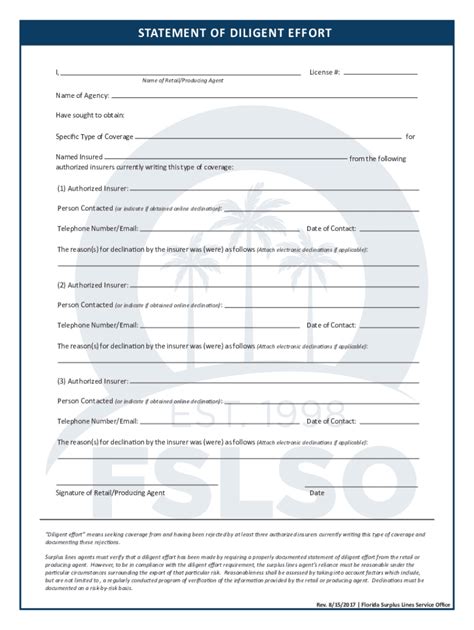 2017-2024 Form FL Surplus Lines Service Office Statement of Diligent ...