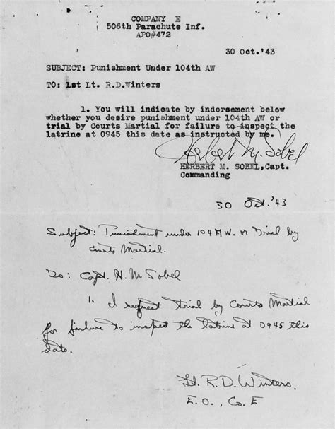 The actual Court Martial letter from Cpt. Sobel to Lt. Winters, as seen ...