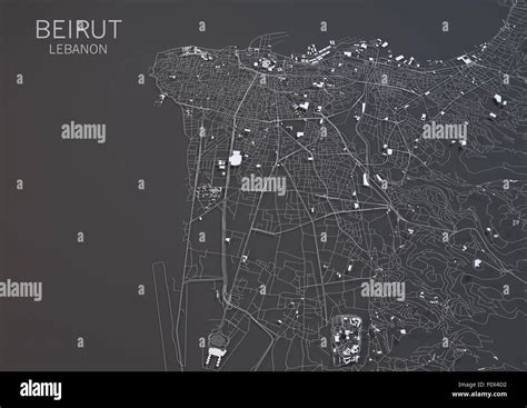 Map of Beirut, Lebanon, satellite view, map in 3d. Black and white ...