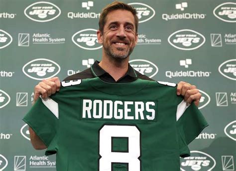 FLORHAM PARK, NEW JERSEY - APRIL 26: New York Jets quarterback Aaron Rodgers poses with a jersey ...