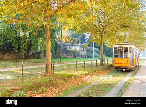 MILAN, ITALY- OCTOBER 30, 2016: Old vintage tram on the street of Milan ...