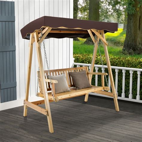 Patio Wooden Swing Bench Chair with Adjustable Canopy for 2 Persons ...