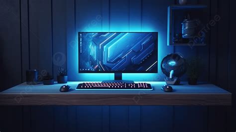 Modern Pc Gaming Setup In Blue Patterned Game Room With White Screen And 3d Keyboard Rendering ...