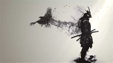 Live wallpaper The silhouette of a samurai and a black raven download on VSThemes.org