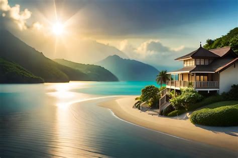 Premium AI Image | A house on a beach at sunset