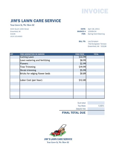 Lawn Maintenance Invoice * Invoice Template Ideas