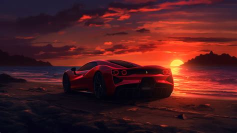 car, vehicle, beach, sunset, sky, clouds, sunset glow, rear view, Sun, AI art | 1920x1080 ...