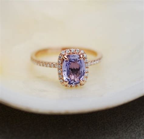 Rose Gold Sapphire Ring. 1.38ct Lavender Blue Sapphire Diamond Ring 14k Rose Gold Cushion ...