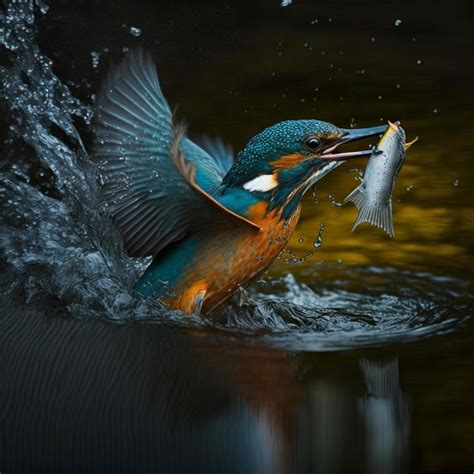 Common European Kingfisher river kingfisher flying after emerging from water with caught fish ...