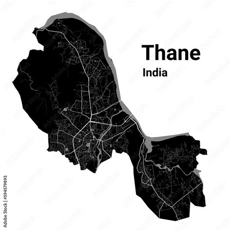 Thane map. Detailed black map of Thane city poster with roads. Cityscape urban vector. Black ...