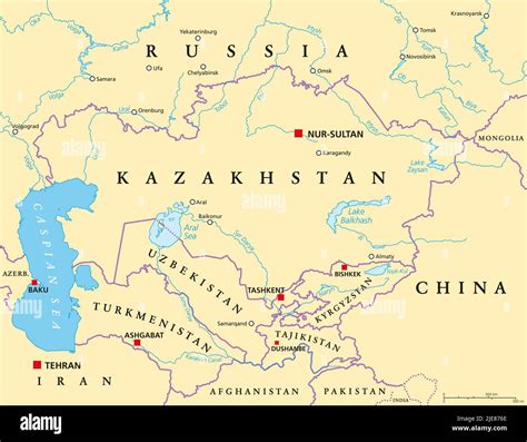 Central Asia, political map. Subregion of Asia, consisting of former ...