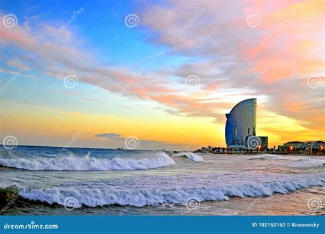 Barcelona beach on sunset stock image. Image of quarter - 102162163