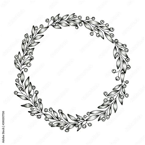 Vintage Christmas wreath isolated on white, black and white ink drawing ...