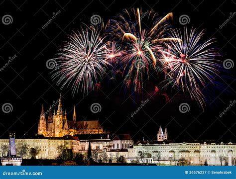 Prague fireworks stock image. Image of illuminate, cathedral - 36576227