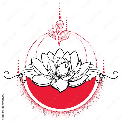 Vector drawing with outline black Lotus flower, red dots and swirls isolated on white background ...