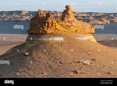 Desert landforms formed by wind erosion at Wadi El Hitan, Valley of the Fossils, in Egypt's ...