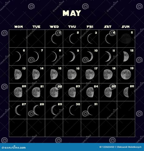 Moon Phases Calendar for 2019 with Realistic Moon. May. Vector. Stock ...