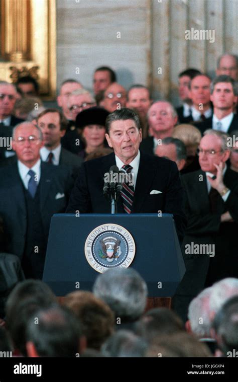 President Ronald Reagan gives his second inaugural address after being ...