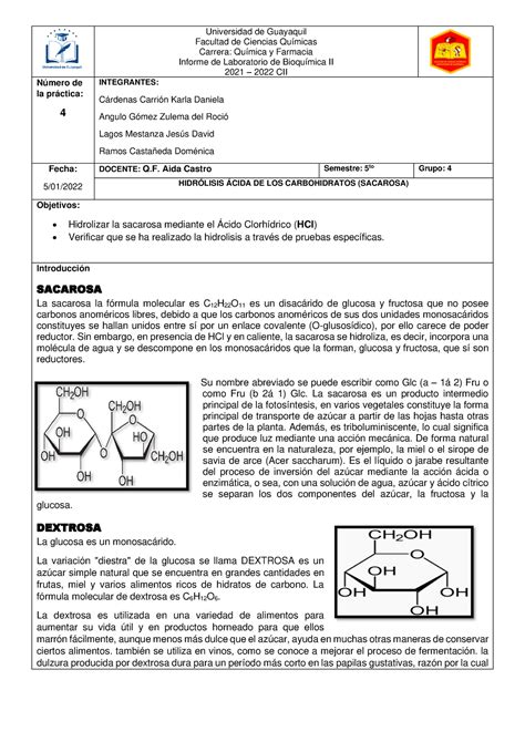 Informe 5- Hidrolisis Acida DE LOS Carbohidratos ( Sacarosa) - Universidad de Guayaquil Facultad ...