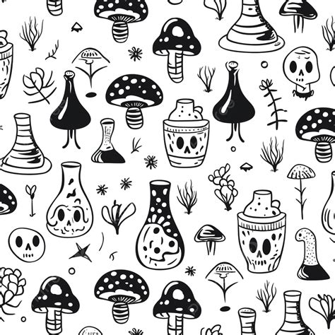 Magic Mushrooms Black And White Vector Seamless Pattern, Halloween Potion, Witch Eye, Mystic ...