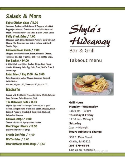 Menu of Shyla's Hideaway, Bar & Grill in Challis, ID 83226