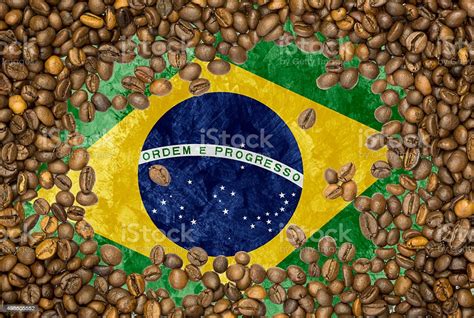 Flag Of Brazil Under A Roasted Coffee Beans Background Texture Stock Photo - Download Image Now ...