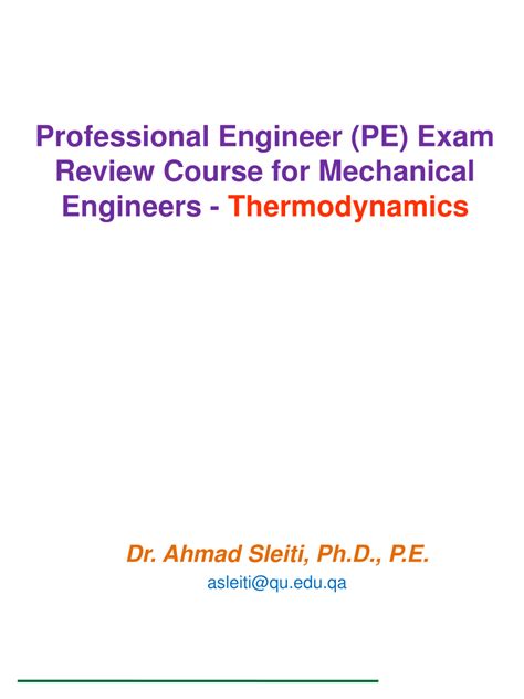 (PDF) Professional Engineer (PE) Exam Review Course for Mechanical Engineers -Thermodynamics