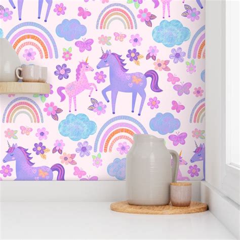 Cute unicorn and baby unicorn floating Wallpaper | Spoonflower