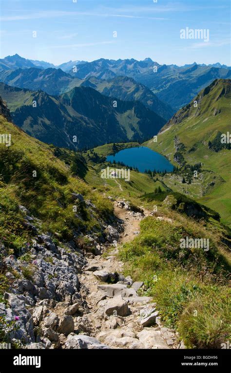 Seealp Lake, Laufbacher Eck-Weg hiking trail, Nebelhorn Mountain, Oberstdorf, Allgaeu, Bavaria ...