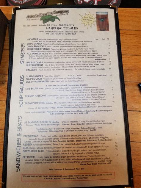 Menu at Astoria Brewing Company Taproom pub & bar, Astoria