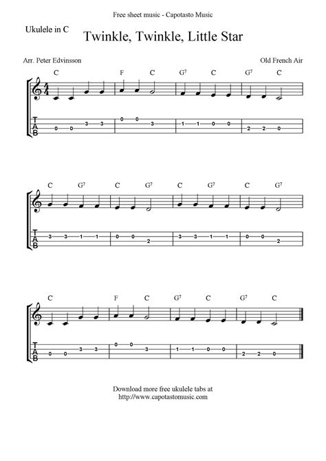 Free Sheet Music Scores: Twinkle, Twinkle, Little Star, free ukulele tab sheet music | Ukulele ...