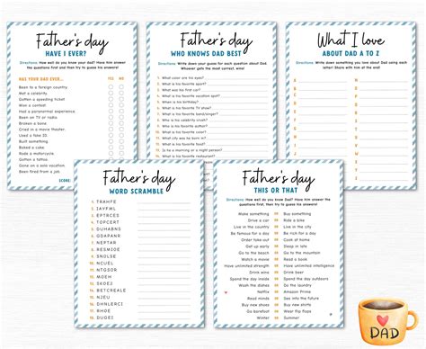 15 Printable Fathers Day Game Bundle, Fathers Day Games for Kids and Adults, Printable Family ...