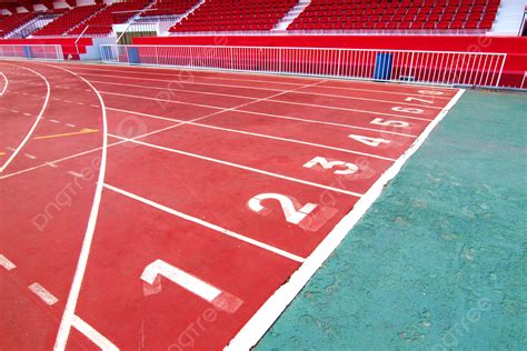 Red Race Track Lined With Numbered Lanes And Red Seats In Stadium Photo Background And Picture ...