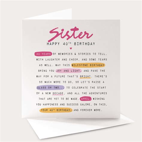 Personalised Sister 40th Birthday Card, Milestone Birthday Card, Sister ...