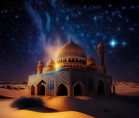 Premium AI Image | mosque at the desert with starry night