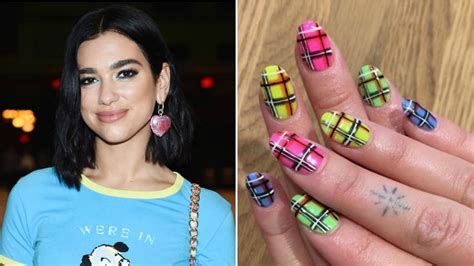 Dua Lipa's Neon Plaid Manicure Combines Summer and Fall Vibes | Allure