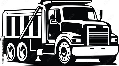 dump truck car vector on black and white background, dump truck silhouette, truck isolated on ...